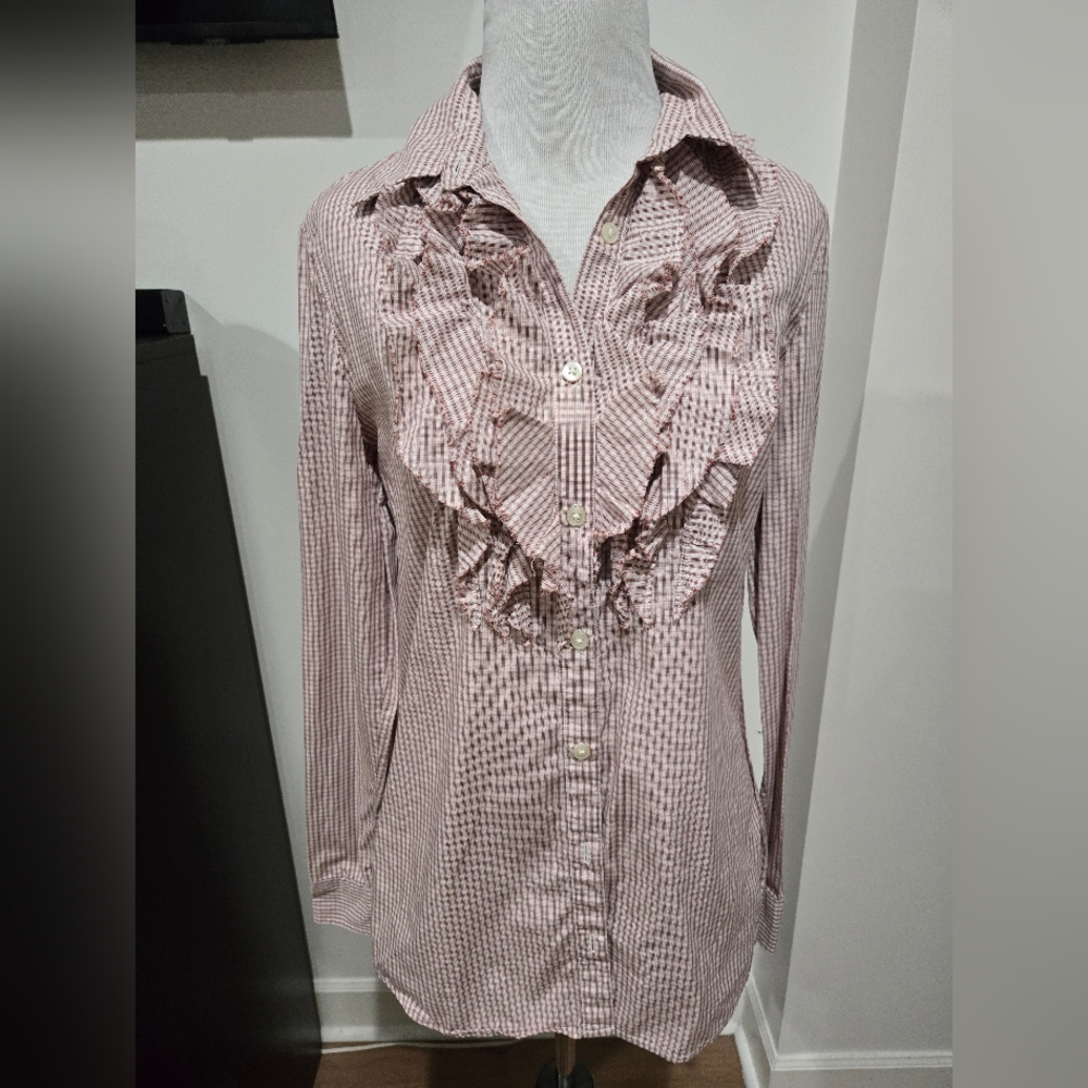 Banana Republic Burgundy Checkered Ruffled Shirt Small Tall